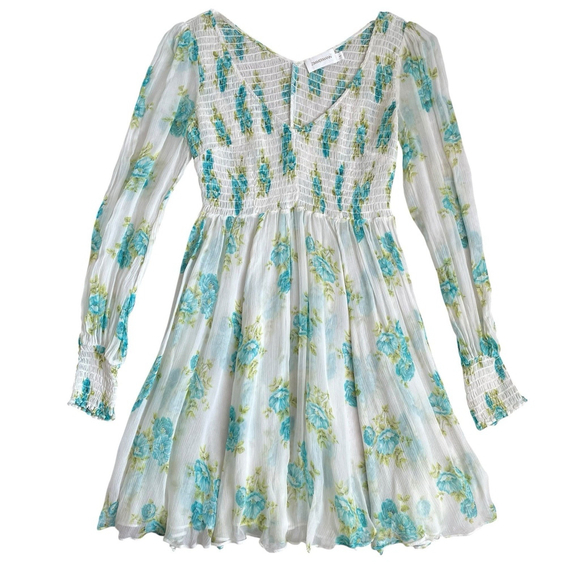 Zimmermann Silk Green White Floral Smocked Babydoll Mini Dress Size 1 M No Liner - Picture 6 of 16